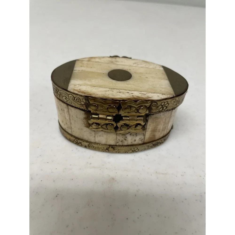 Vintage Set of 2 Handcrafted Bone & Brass Hinged Trinket Jewerly Box India‎